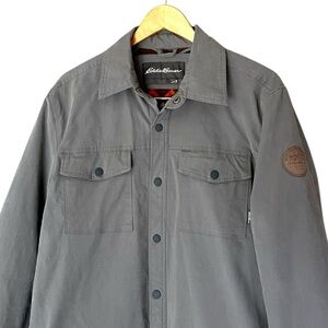 Eddie Bauer Mens M Gray Fleece Lined Twill Shirt Jacket Snap Button Down Shacket